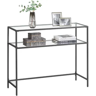 VASAGLE Konsolentisch, Eingangstisch, Sofaspitze, Tischplatte aus Hartglas, Metallrahmen, 2 Ebenen, verstellbare Füße, für Wohnzimmer, Eingang, Flur, Schwarz LGT025B01