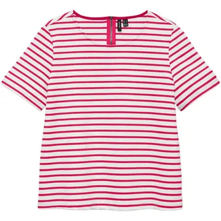 Rundhalsshirt VERO MODA "VMABBY SS ZIP TOP JRS NOOS", Damen, Gr. L, snow weiß stripes:jazzy, Jersey, Obermaterial: 77% Polyester, 19% Viskose, 4% Elasthan, gestreift, normal, Rundhals, Shirts Rundhalsshirt, Materialmix, regular fit