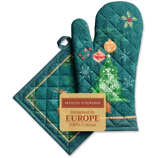 Maison d' Hermine Ofenhandschuh + Topflappen aus 100% Baumwolle, hitzebeständige Küchen-Ofenhandschuh(19cm x 33cm) & Topflappen(20cm x 20cm) für Damen, Hygge Christmas – Erntedankfest/Weihnachten