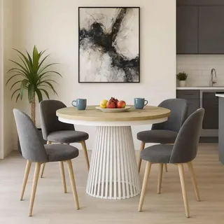 Runder Tisch LUMI Ø 100–180 cm ausziehbar, Metallbeine, Loft-Stil, Farbe: Weiß/Eiche Artisan - Weiß, Bronze