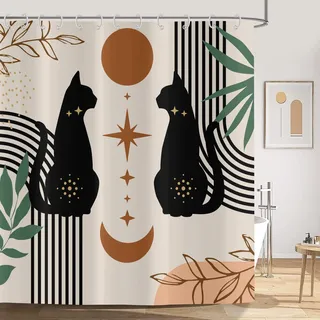 ASDCXZ Duschvorhang 180x180 cm Boho Style, Modern Abstrakt Kunst Boho Katze Tag Monat Bad Waschbar Duschvorhänge Polyester Textil Wasserdicht Duschvorhang für Badewanne mit 12 Haken