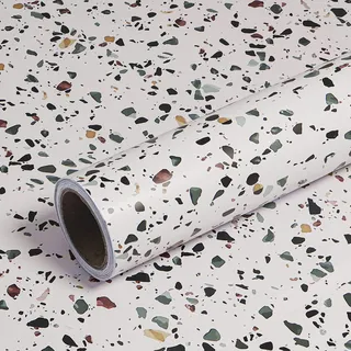 VEELIKE Klebefolie Terrazzo 60cm x 900cm Selbstklebende Folie Küchenrückwand Küchenregal Arbeitsplatte Tapete Badezimmer Küchentapete Abwaschbar Tapeten Steinmuster Wandtapete Wohnzimmer Mamorfolie