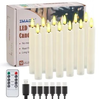 IMAGE 12 Stück flammenlose Stabkerzen mit Fernbedienung, wiederaufladbare 3D Docht Elfenbein led Kerzen mit Timer, mit 325 ft Angelschnur, für Haus Hochzeit weihnachten Geburtstag Dekor, warm weiß