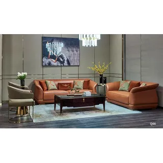 moderne Sofa Garnitur 3+2 Sitzer Design Ledersofa Couch Leder Orange Gruppe Neu - Orange