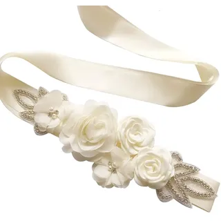Wisafory Brautgürtel Blumen Perlen Damen Gürtel mit Strass Hochzeitskleid Taillengürtel Schärpe Schmuck Waistband Satinband Braut Brautjungfer Hüftgurt für Hochzeit Party 270cm Weiß