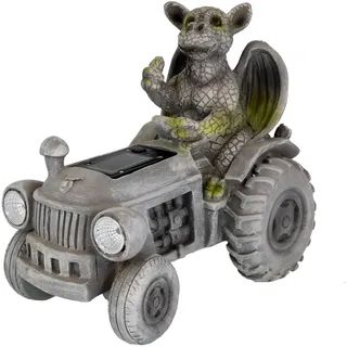 Kremers Schatzkiste Drachenkind auf Traktor mit Solar-Laterne Gartenfigur Drache wetterfest Gartendeko aus Polyresin Solarlicht Scheinwerfer beleuchtet Handbemalt witterungsfest