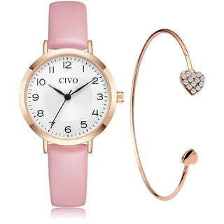 CIVO Damen Uhr Wasserdicht Analog Quarz Lederarmband Armbanduhr Damen Klein Set Minimalistisch Kreative Uhr für Frauen Rosa