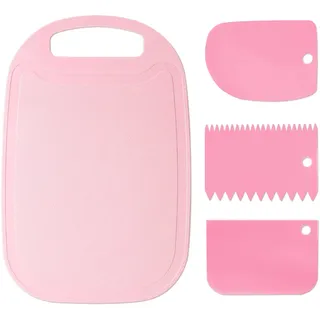 Multifunktionales Schneidebrett Set mit Saftrillen, Schneidebrett Kunststoff BPA-Free Frühstücksbrettchen Küchenbrett mit 3pcs Teigschaber Teigkarte für Heimküche Outdoor Camping Picknick BBQ, Rosa