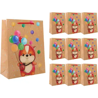 Idena 90242 - Geschenktüten Happy Birthday Teddybär, 10 Stück, Geschenktaschen in der Größe 18 x 23 x 8 cm, Papiertüten mit Teddy und Luftballons