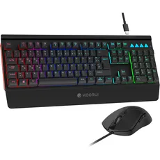 KOORUI Gaming Tastatur Maus Set, Deutsches QWERTZ-Layout mit Handballenauflage Ghosting Schutz Tastaturen USB Kabel 12 Multi Media Tasten und Maus mit 6 Tasten 3200 DPI für Windows MacOS Linux-Schwarz