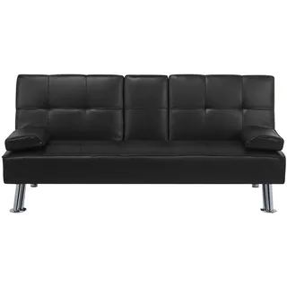 BELIANI 3-Sitzer Sofa Schwarz Kunstleder Gesteppt mit Schlaffunktion Integriertem Tisch Klapparmlehne Modern Skandi Wohnzimmer Schlafsofa Sofabett - Schwarz, Silber