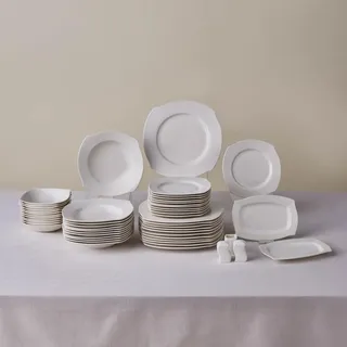Karaca Square Bone Fancy 53-teiliges Geschirrset für 12 Personen, Elegante quadratische Teller Set, Elegantes Porzellan-Geschirr, Weiß