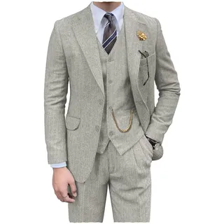 Retro Mens 3 Piece Suit Tweed Herringbone Slim Fit Suits Groomsmen Brown Tuxedos Set Prom Jacket Blazer Vest Pants for Men
