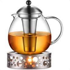 glastal 1500ml Silberne Teekanne mit Stövchen Teebereiter Glas und Edelstahl Teewärmer Teekanne Suit