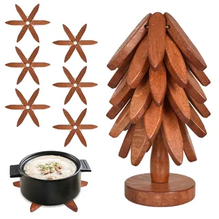 Dokeno Holzuntersetzer für Heiße Gerichte, Untersetzer in Baumform, Holzuntersetzer (6 Holzuntersetzer + 1 Ständer), Weihnachtsbaum-Förmige Untersetzer für Getränke, Teller, Töpfe, Pfannen, Schüssel