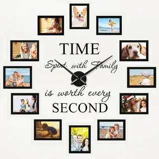 Luming DIY Wanduhr Groß Mit Bilderrahmen Collage - Modern Wohnzimmer Uhr Wand - 12 Stücke 10x15 Schwarz - Fotorahmen Set für Mehrere Fotos - Wall Clock Schwarz