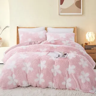 Freyamy Winter Bettwäsche 220x240cm Plüsch Rosa Langhaar Kunstfell Flauschig Winterbettwäsche Flanell Samt Biber Deckenbezug Cashmere Touch Bettbezug mit Reißverschluss und 2 Kissenbezug 80x80cm