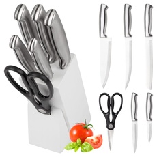 classbach® Messerblock mit Messer - 7 tlg. Messer Set inkl. Küchenschere, Küchenmesser Set mit Klingen aus rostfreiem Stahl, Set aus 5x scharfe Messer + Schere für Küche, C-MBS 4018, weiß