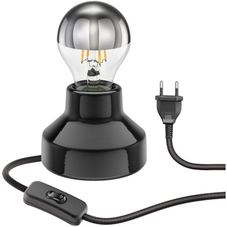 ledscom.de E27 Porzellan Tischlampe TIX, rund mit Stecker und Schalter, schwarz, 90mm inkl. E27 Lampe 461lm warmweiß