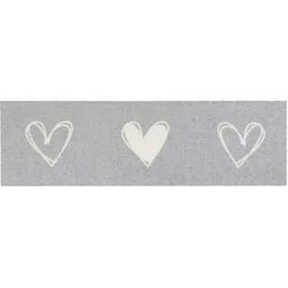 MOCAVI Mat Fußmatte Schuhparkplatz Herzen hell-grau 30x100 cm Schuh-Teppich lang, schmal, Schuhe ausziehen, Deko sbereich innen, außen, Matte, Haustür, Stiefelmatte
