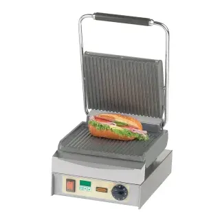 Neumärker Manufaktur Kontaktgrill Panini Master, Zuverlässiger Grill mit Digitaltimer und massiven Graugussplatten, oben + unten geriffelt