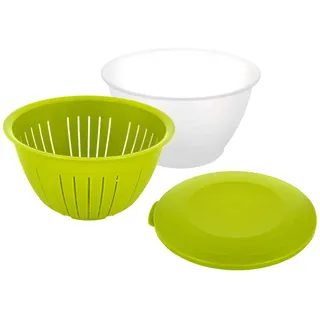 Westmark Vorratsdose/Servier-Schüssel mit Deckel und Sieb/Seiher, 3 teilig, Fassungsvermögen: 4,4 Liter, Kunststoff, BPA-frei, Olympia, Farbe: Transparent/Grün, 2418227A