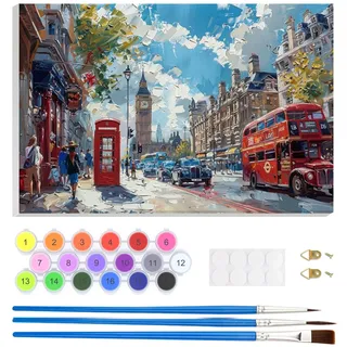 EOBROMD London Malen Nach Zahlen Erwachsene, Architektur DIY Handgemalt Ölgemälde Kit mit Rahmen, Paint by Numbers mit 3 Pinseln und Acrylfarbe Knitterfreie Leinwand Kit zur Heimdekoration 20x30cm