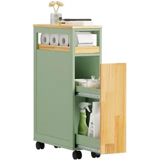 SoBuy Nischenschrank 20 cm breit mit 2 Auszügen, Grün 50,5×20×79cm , Holzwerkstoff , 1 Fächer , 1 Schubladen , 50x79x20 cm , Esszimmer, Servierwagen