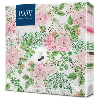 PAW - Servietten 3-lagig (33 x 33 cm) I 20 Stück I Perfekt für Geburtstage, Partys, Hochzeiten, Kommunion und Feiern I Tischdeko Elegante Papierservietten - Hagebuttenblumen I Rose Hip Flowers