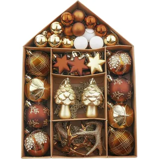 Valery Madelyn Weihnachtskugeln 70 Stücke Kunststoff Weihnachtskugel Geschenkpaket Christbaumkugeln Weihnachtsdeko mit Aufhänger Wald Thema(Bronze)