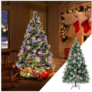 Costway 210cm Künstlicher Weihnachtsbaum LED, beleuchteter Tannenbaum mit Kiefernzapfen & roten Beeren & Metallständer, 11 Lichtmodi, Christbaum PVC Kunstbaum Weihnachten, grün - Grün, Weiß