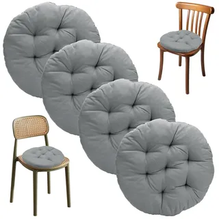 LOMUG Sitzkissen Rund 40cm 4er Set, Stuhlkissen mit Befestigungsbändern, Grau, Weiche Stuhlauflage für Esszimmerstuhl, Bürostuhl, Gartenstuhl, Balkon & Küche, Bequemes Sitzpolster