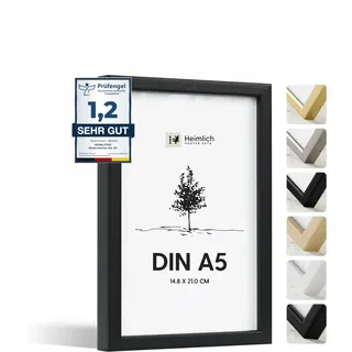 Heimlich® - Bilderrahmen - A5 14,8x21 cm, Ayous-Holz, Schwarz, Diplom-Poster-Collage-Rahmen mit Folienabdeckung - Wandmontage oder Tischaufsteller