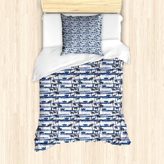 ABAKUHAUS Palme Mantele, Papierboote auf Wellen, Milbensicher Allergiker geeignet mit Kissenbezügen, 135 cm x 200 cm - 80 x 80 cm, Blau Dunkelblau Weiß - Blau