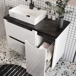 Waschtischunterschrank mit Keramik-Waschbecken und Wäschekorb SOFIA-107 Hochglanz weiß mit Beton-Dunkel, B/H/T ca. 90/72,5/46 cm - Weiß