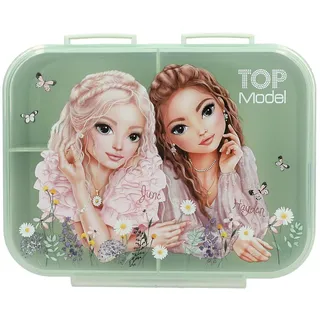 DEPESCHE 13410 TOPModel Summer Feeling - Brotdose in Grün und Rosa, mit Model Motiv und Blumen Muster, Lunchbox mit 3 Fächern und Klappdeckel