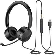 New Bee USB-Kopfhörer mit Mikrofon mit 3,5-mm-Klinkenstecker, Geräuschunterdrückung, bequem, leicht, Business-Stil, für PC/Laptop, Android-Handy (schwarz)