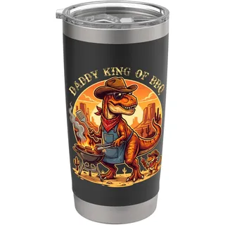 Lustiger T-Rex-Dinosaurier für Herren, Aufschrift "Daddy King Of BBQ", Vatertag Doppelwandiger Edelstahl-Thermobecher