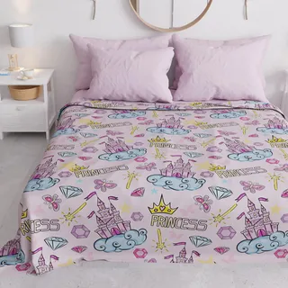 PETTI Artigiani Italiani - Tagesdecke für Kinder, Frühling, Sommer, 225 x 260 cm, für französisches Bett, leichte Decke für französisches Bett, Prinzessinnen-Muster, 100% Made in Italy
