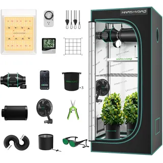 Mars Hydro Growzelt Komplettset,TS600 Vollspektrum Grow Lampe,60X60X140cm 1680D Hoch Reflektierend Mylar Grow Box Komplettset,mit 4" 205 CFM Ruhiges und Effizientes Belüftungssatz,10-Gang-Lüfter