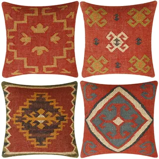 INDACORIFY 4-teiliges Set Kelim-Kissenbezug aus Wolle, Jute, handgewebt, Vintage-Stil, türkisches Kissen, dekorativer Überwurf, Heimdekoration (Muster- 01)