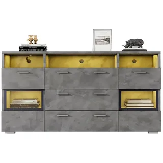 Wishdor Sideboard Betonoptik Grau, mit Led, 2 Glastüren, 3 Schubladen und offenen Fächern, 140/33,5/72,5 cm , Holzwerkstoff , Rechteckig , 140x72.5x33.5 cm , Kleinmöbel, Kommoden, Sideboards