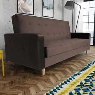 Schlafsofa im skandinavisches Stil Bamako Polstersofa mit Holzbeine Sofa mit Schlaffunktion Bettkasten Couch aus Velour, Farbe: Braun, Kronos 06 - Braun