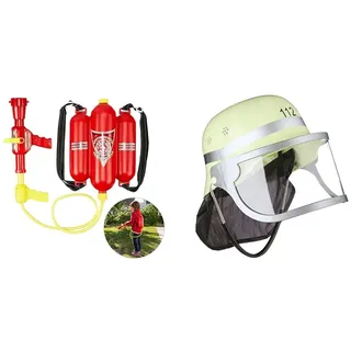 Relaxdays 10027680 Feuerwehr Wasserspritze, 2,5 l Wassertank & 10021335 Feuerwehrhelm Kinder, verstellbar, klappbares Visier, Nackentuch, Feuerwehr, HxBxT: 24,5 x 22,5 x 28 cm, gelb