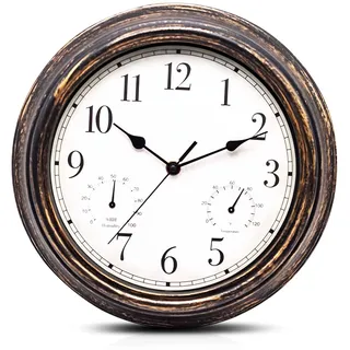 WIYETY 30cm Lautlose Wanduhr Outdoor mit Thermometer & Hygrometer - Innen Draussen Gartenuhr, Retro Gartenuhr Wetterfest, Wasserdicht für Küche, Badezimmer, Veranda (Braun, Kunststoff)