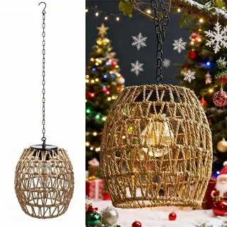 pearlstar Solarlampen für Außen hängend, Rattan Hängelampe Outdoore für draußen innen mit Stahlhakenkette, Solarleuchten Garten wetterfest Balkon Deko für Terrasse Vorgarten Weihnachten(Rattan-B)