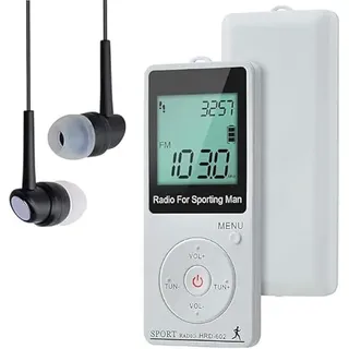 Kompaktes Mini-Radio im Taschenformat, FM/AM, mit LCD-Display und Schrittzählerfunktion, über USB aufladbar, ideal zum Joggen und für Reisen – weiß