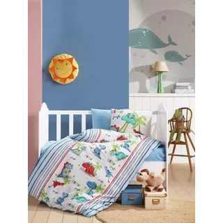 L'Essentiel Linge de Maison, Dino v2 - Blue, Baby-Bettbezug-Set, Blau, 100 x 150 cm - Blau, Weiß