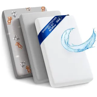 Spannbettlaken Kinderwagen Baby Spannbetttücher 3er Set: 50x83 cm - 2X Bettlaken + 1x wasserdichter Matratzenschoner - Babybett Zubehör für Kinderbett Beistellbett Stubenwagen 50 x 83