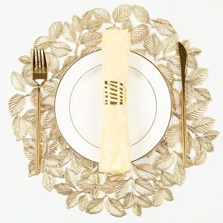 Crisjanggo Metallisches Tischsets, 6 Stück, goldfarbenes Blatt, runde Tischsets, rutschfest, abwischbar, Tischsets für Abendessen, Partys, Hochzeit, Akzent, Tafelaufsatz